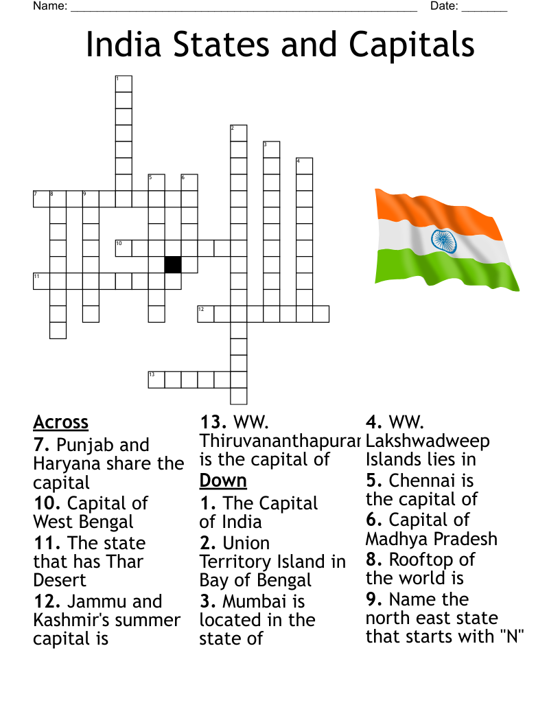 Indian States And Capitals Crossword WordMint