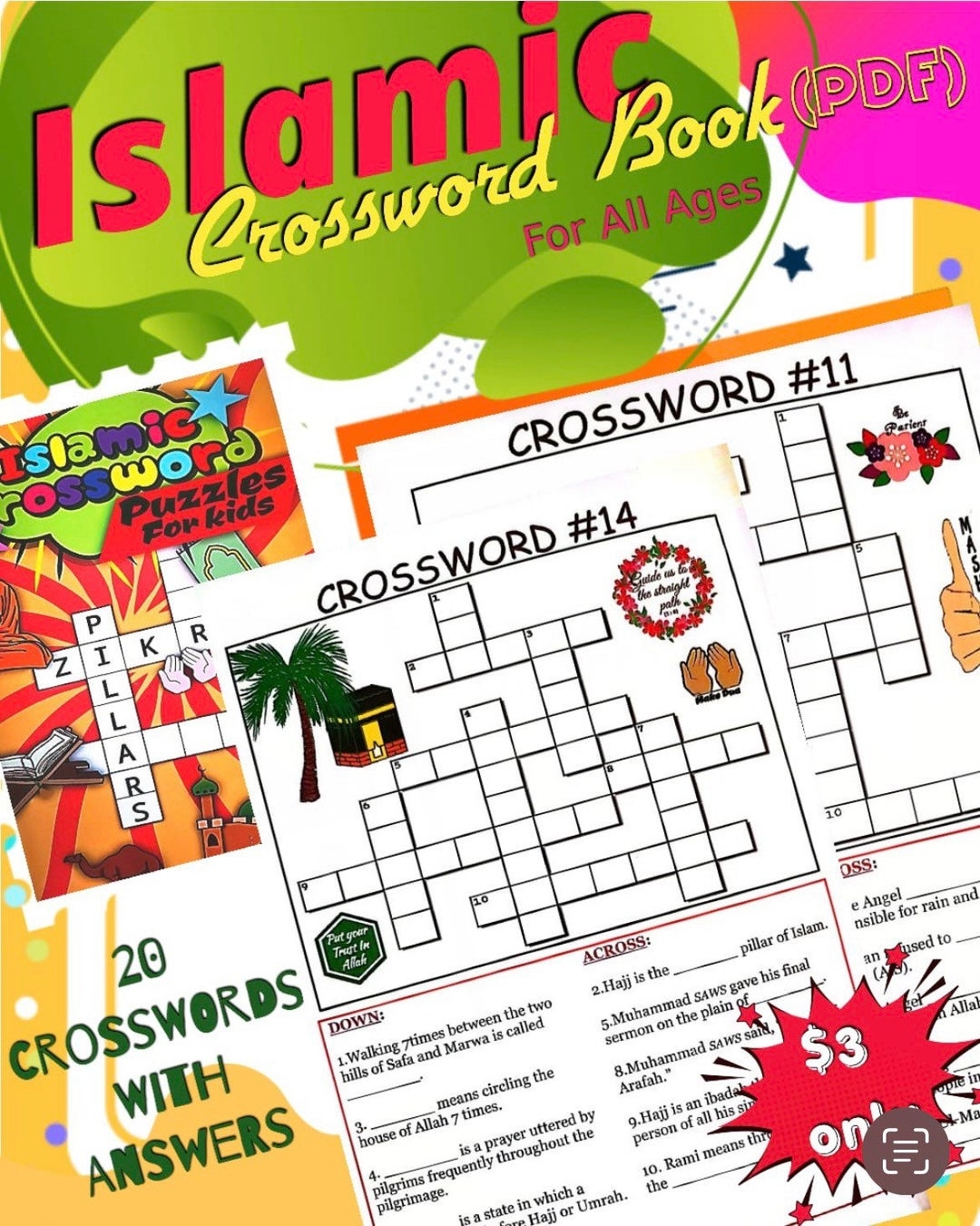 Islamic Crossword Puzzles Book games For Muslim Kids Colorful Islamic