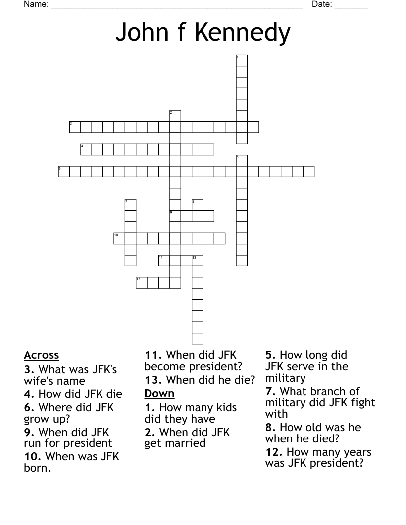 John F Kennedy Crossword WordMint