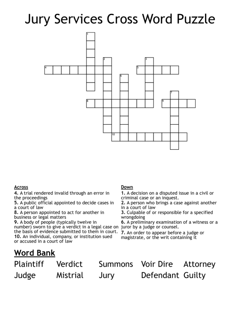 Jury Services Cross Word Puzzle WordMint