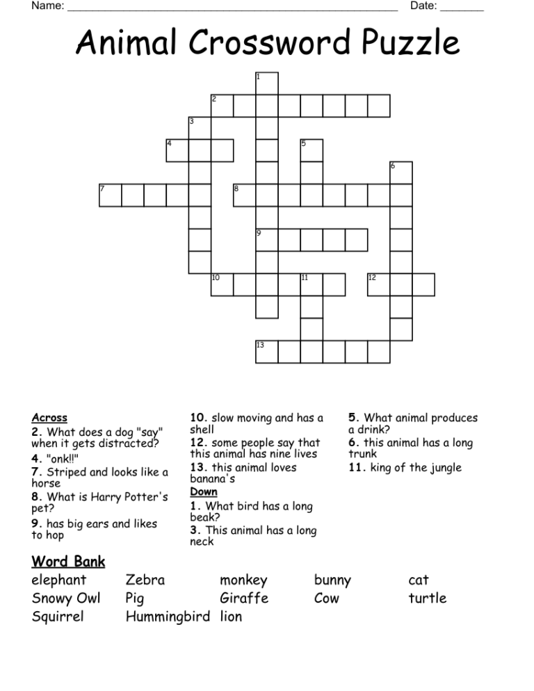 Kids Animal Crossword Puzzles