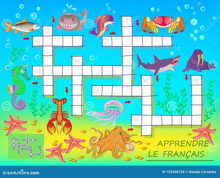 Learn French Crossword Puzzle Game With Sea Animals Educational Page 