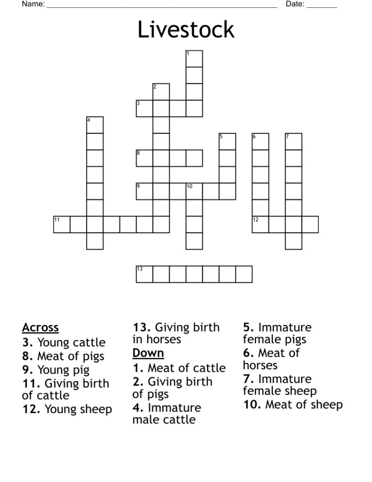 Livestock Crossword WordMint