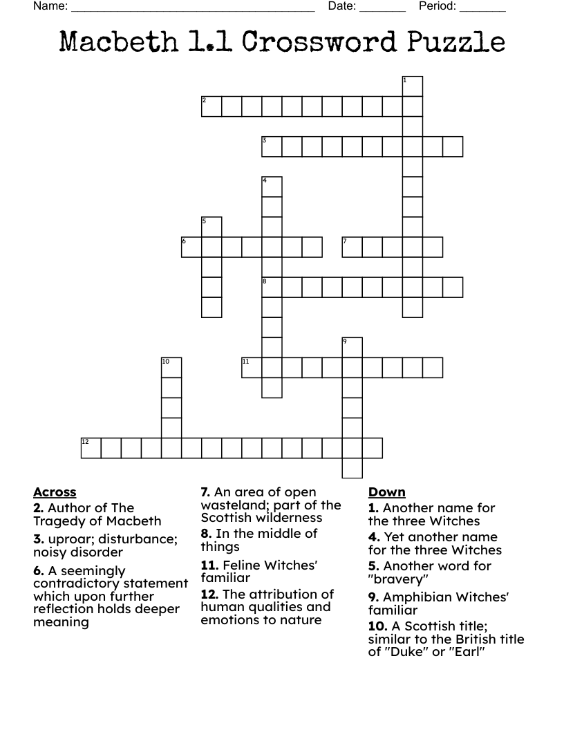 Macbeth 1 1 Crossword Puzzle WordMint