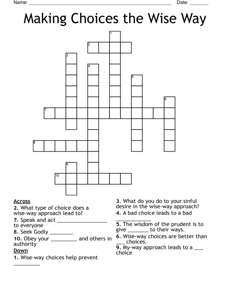 Making Choices The Wise Way Crossword WordMint