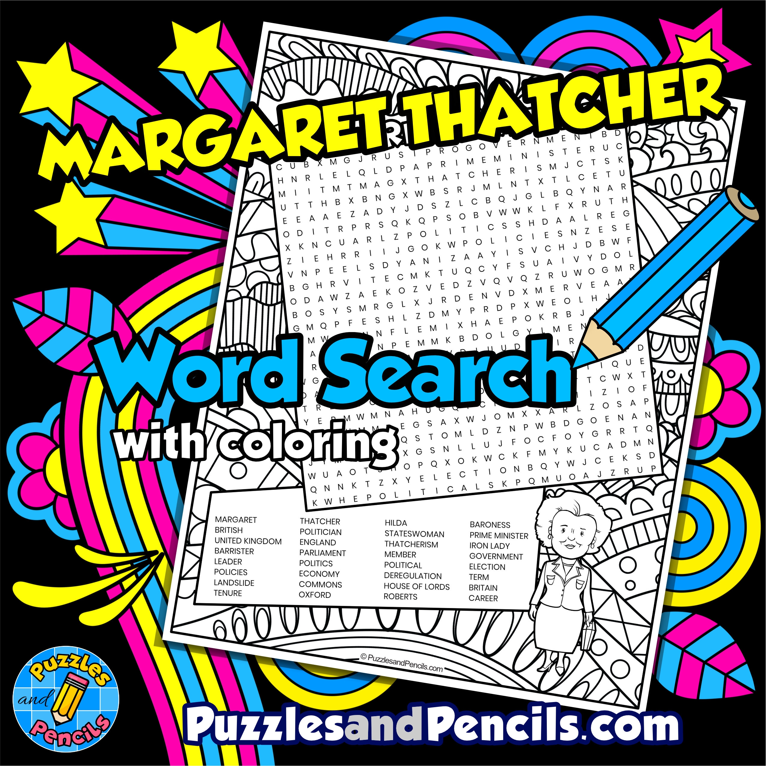 Margaret Thatcher Word Search Puzzle Activity Page With Coloring