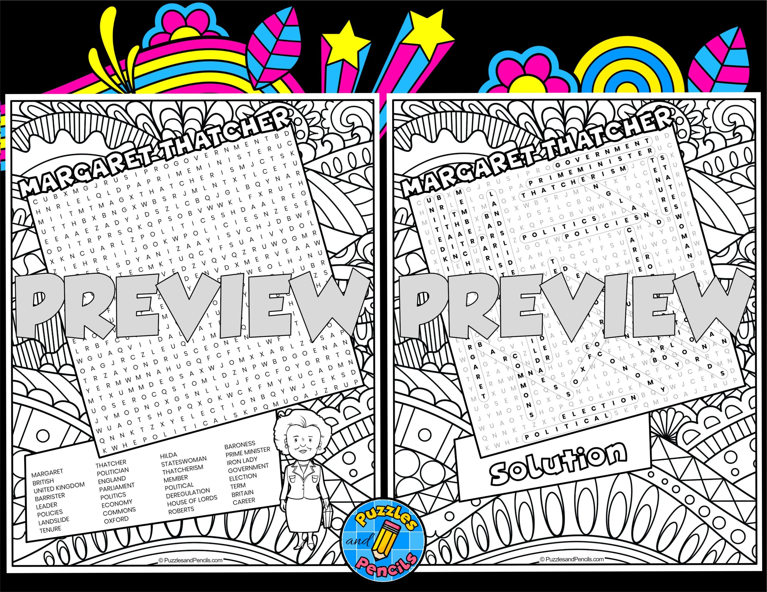 Margaret Thatcher Word Search Puzzle With Colouring Women s History