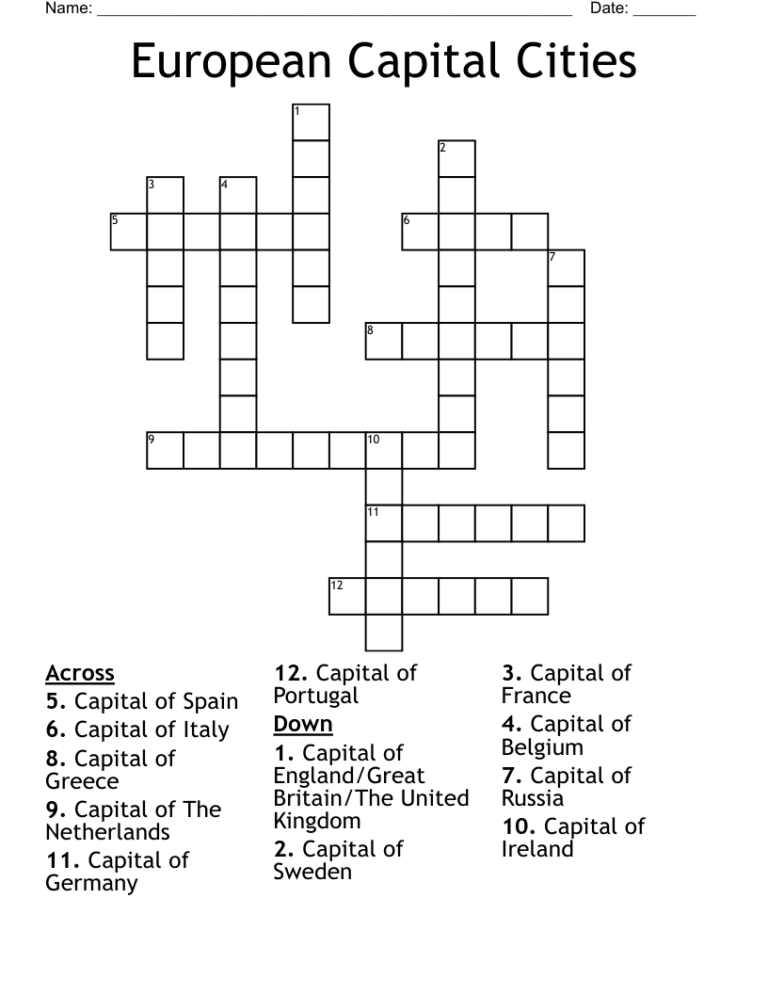 Match The Countries And Their Capitals Crossword WordMint