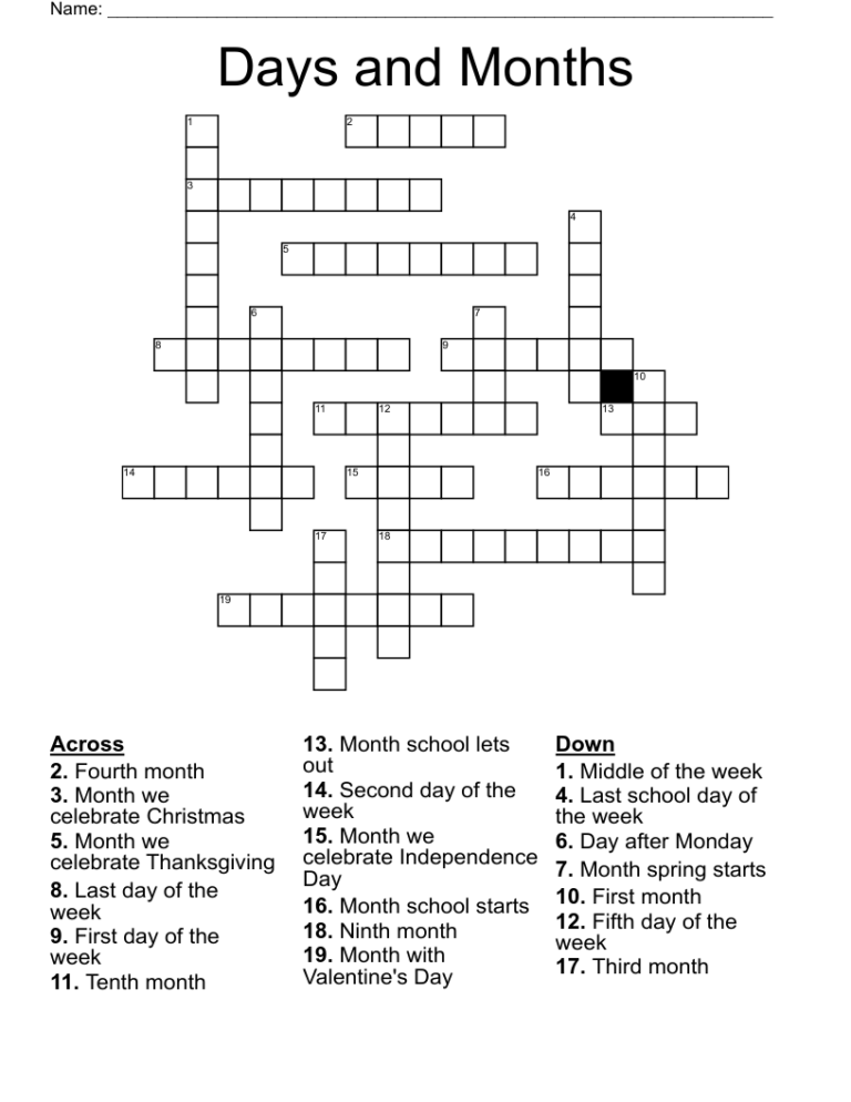 Months Of The Year Crossword Puzzle