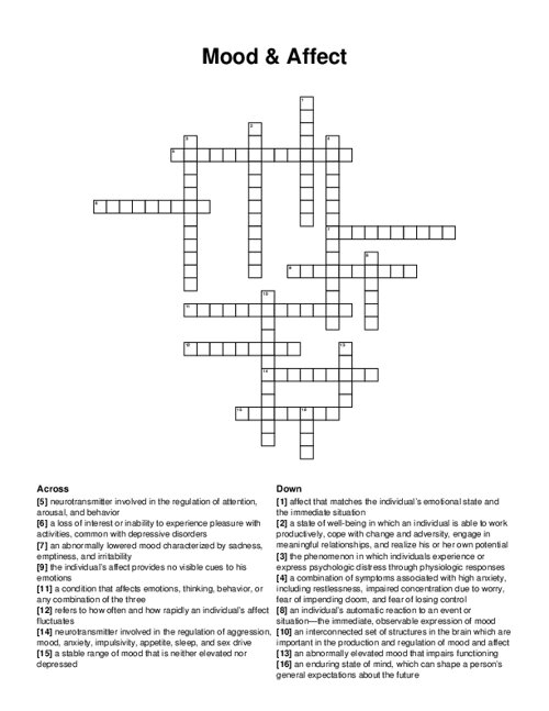 Mood Affect Crossword Puzzle