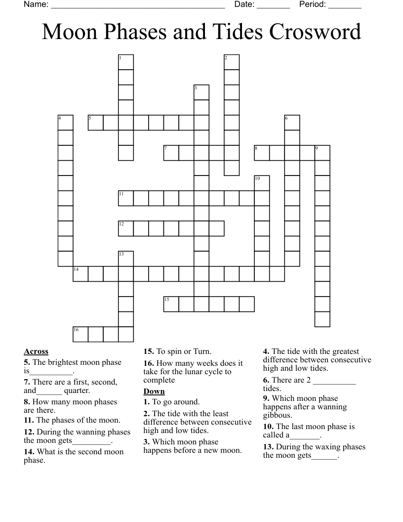 Moon Phases And Tides Crosword Crossword WordMint