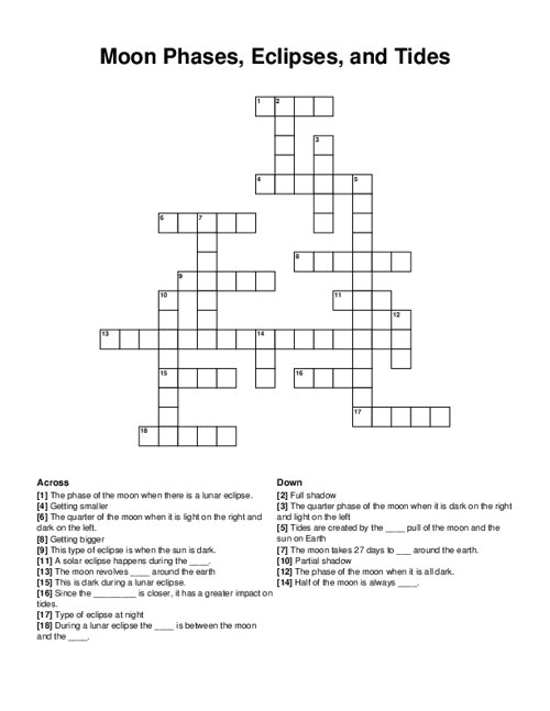 Moon Phases Eclipses And Tides Crossword Puzzle