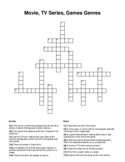 Movie TV Series Games Genres Crossword Puzzle