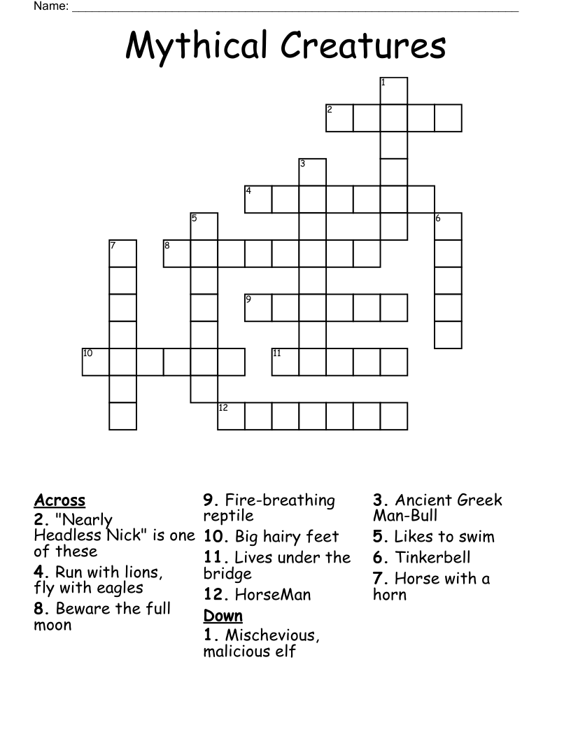 Mythical Creatures Crossword WordMint