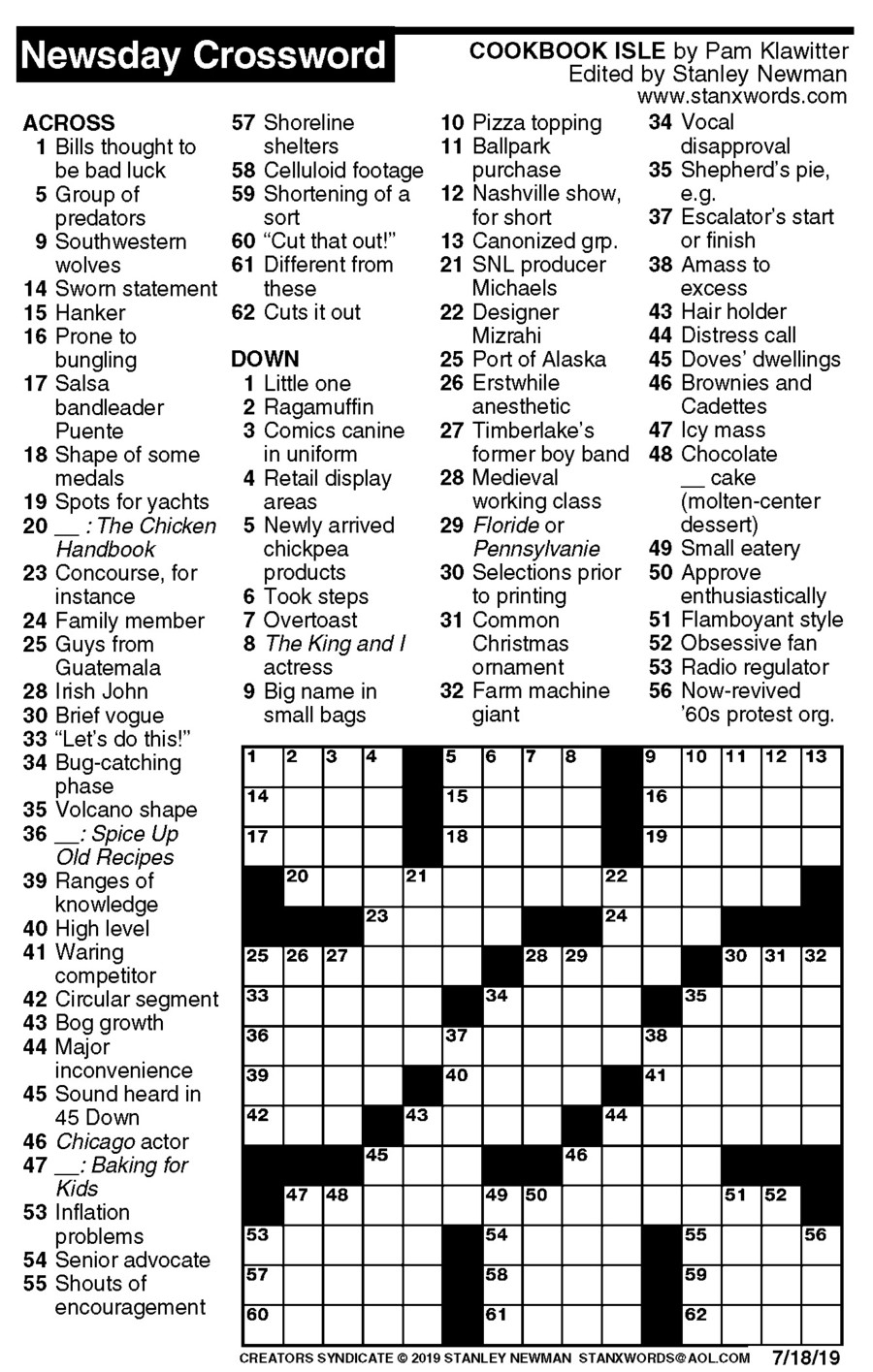 Newsday Crossword Puzzle For Jul 18 2019 By Stanley Newman Creators 