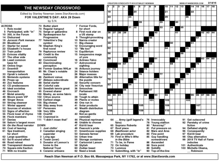 Newsday Crossword Sunday For Feb 14 2016 By Stanley Newman Creators 