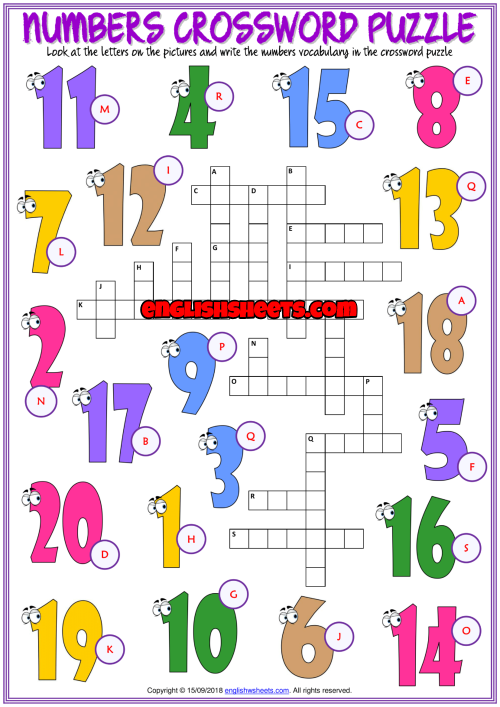 Numbers ESL Printable Crossword Puzzle Worksheet For Kids Numbers For 