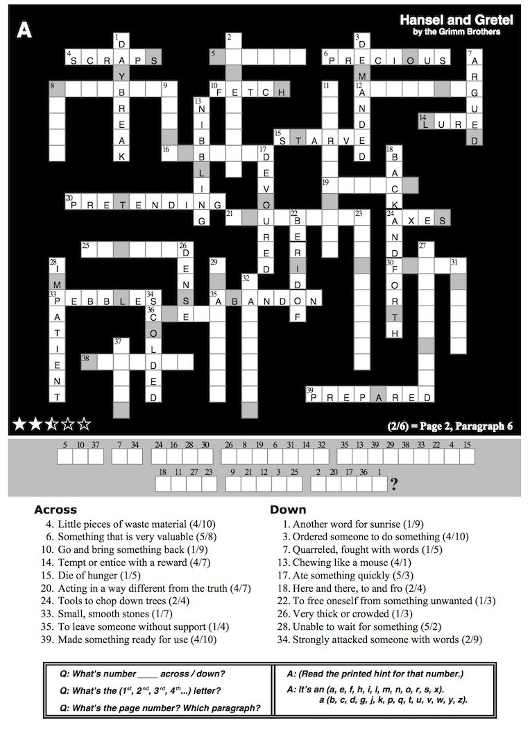 One Of The Two Pairwork Crossword Work Sheets For The Hansel And Gretel 