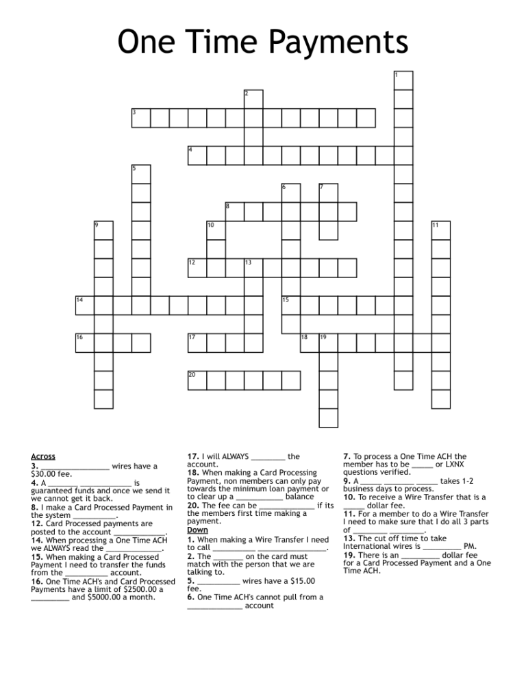 One Time Payments Crossword WordMint