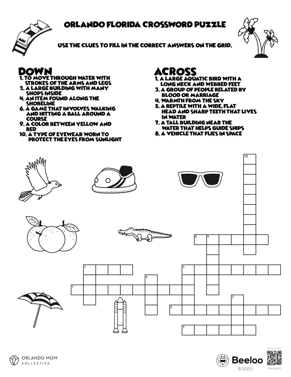 Orlando Florida Crossword Puzzle Beeloo Printable Crafts And