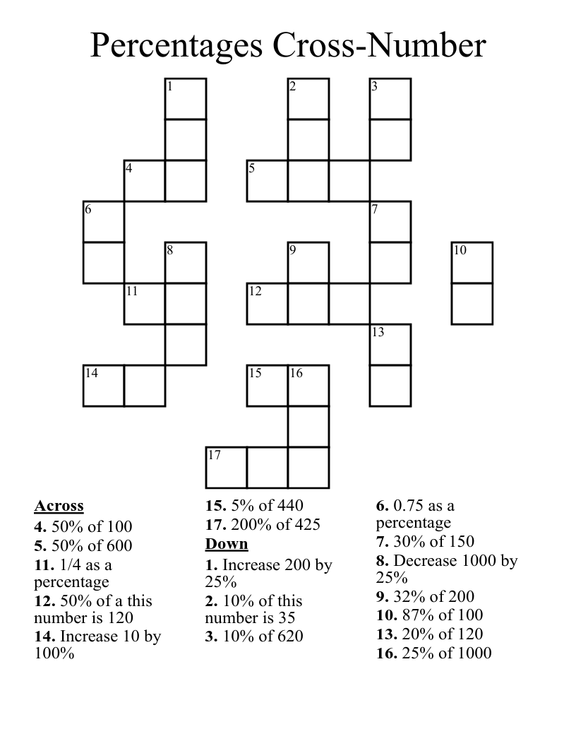 Percentages Cross Number Crossword WordMint