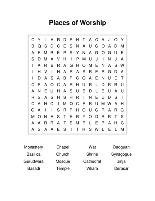 Places Of Worship Word Search