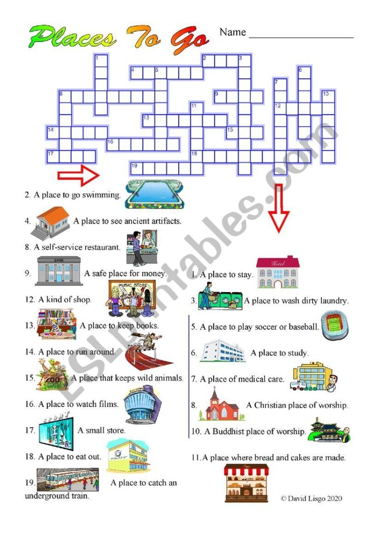 Places To Go Crossword Puzzle With Key And Additional Activity ESL 