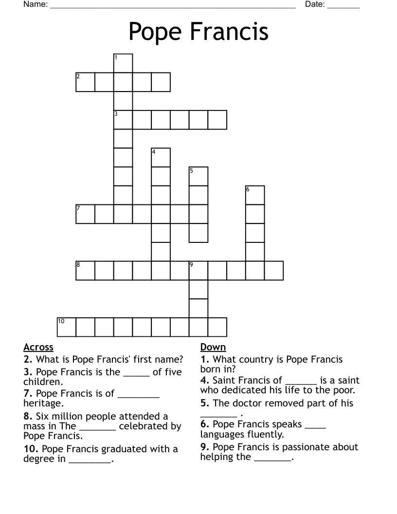 Pope Francis Crossword WordMint