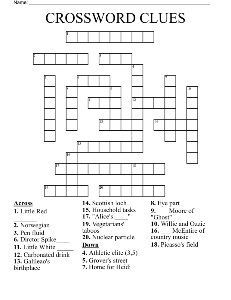 Printable Crossword Puzzles With Clues