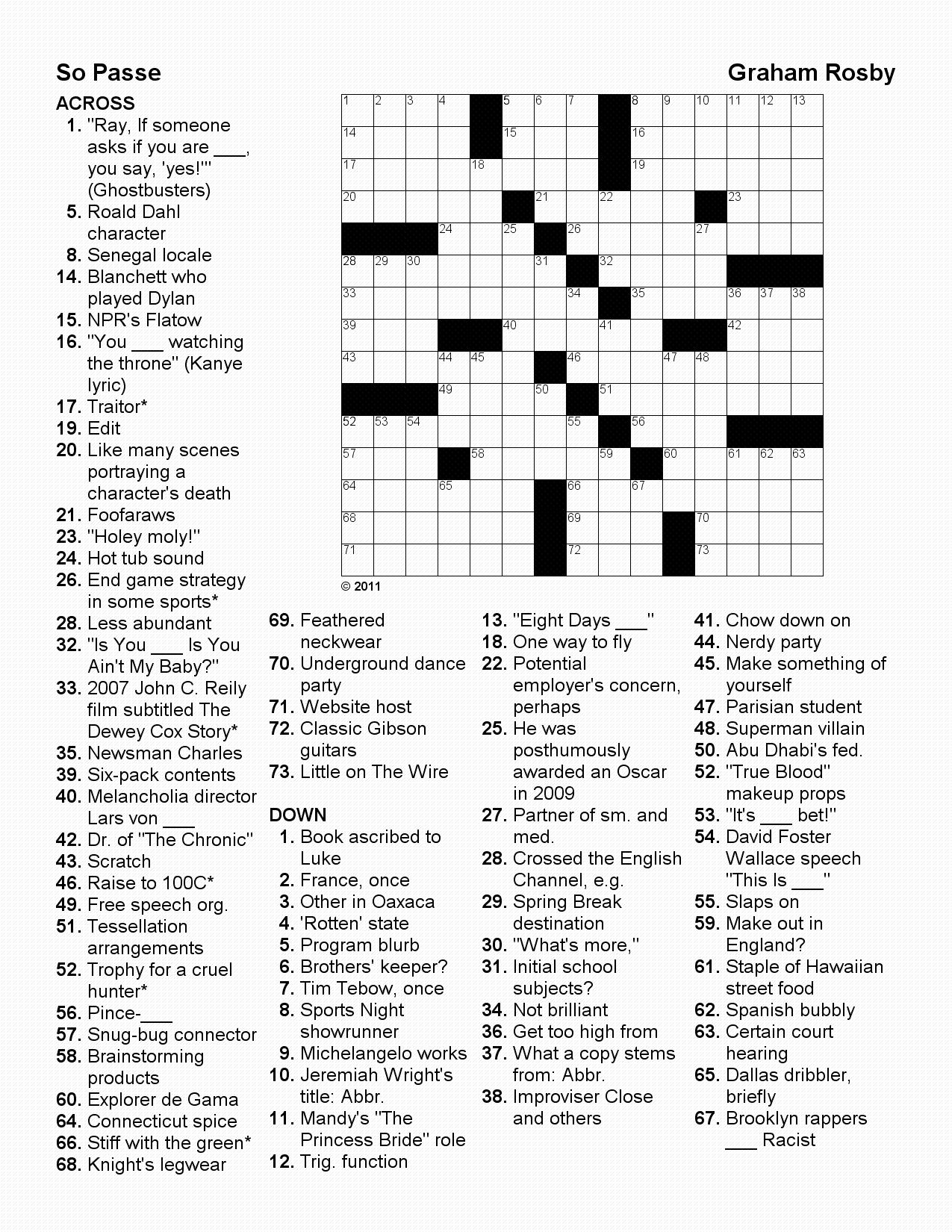 Printable Pop Culture Crossword Puzzles
