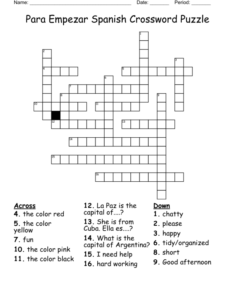 Printable Spanish Crossword Puzzle