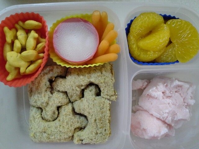 Puzzle Pieces PB J Strawberry Yogurt Mandarin Oranges Carrots Dip