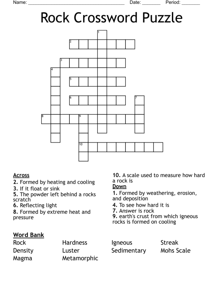 Rock Crossword Puzzle WordMint