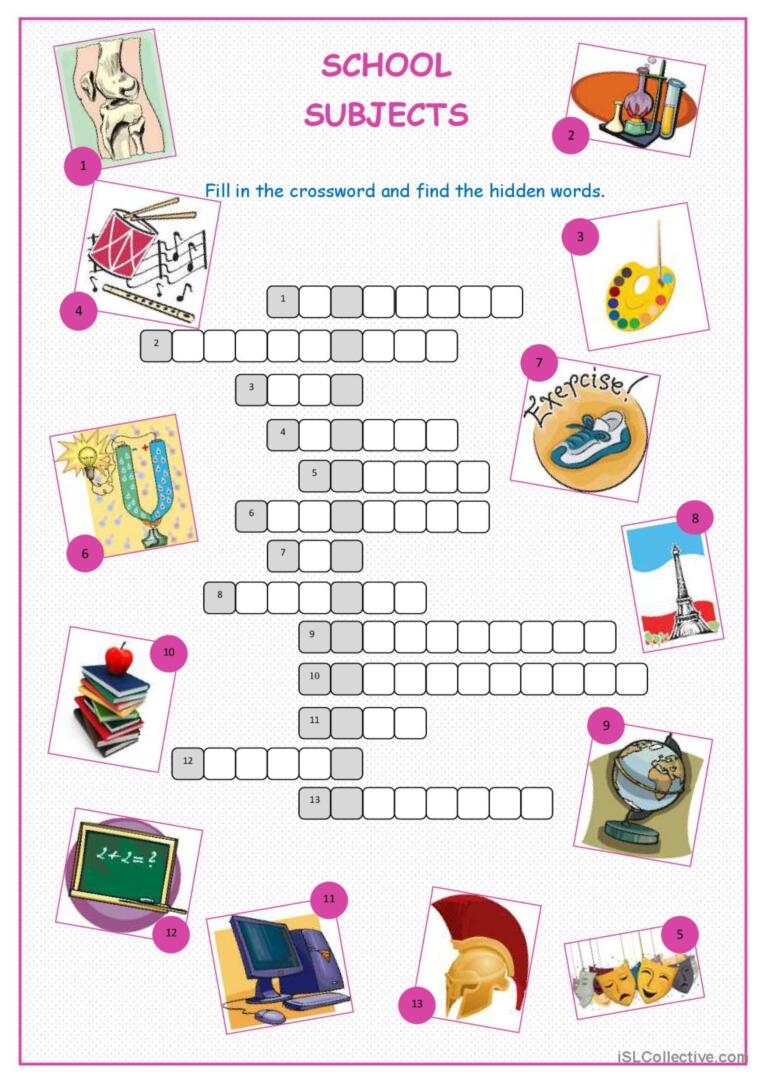 School Subjects Crossword Puzzl English ESL Worksheets Pdf Doc