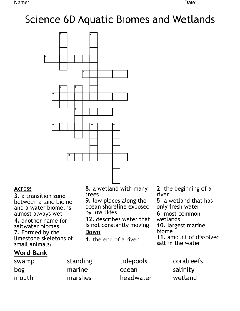 Science 6D Aquatic Biomes And Wetlands Crossword WordMint