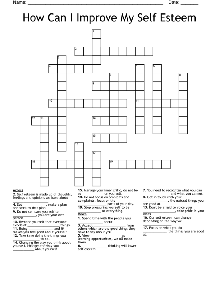 Self Esteem Crossword WordMint