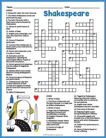 Shakespeare Crossword Puzzle Shakespeare Sonnets William Shakespeare 