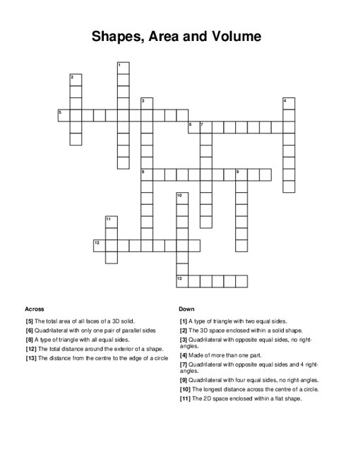 Shapes Area And Volume Crossword Puzzle