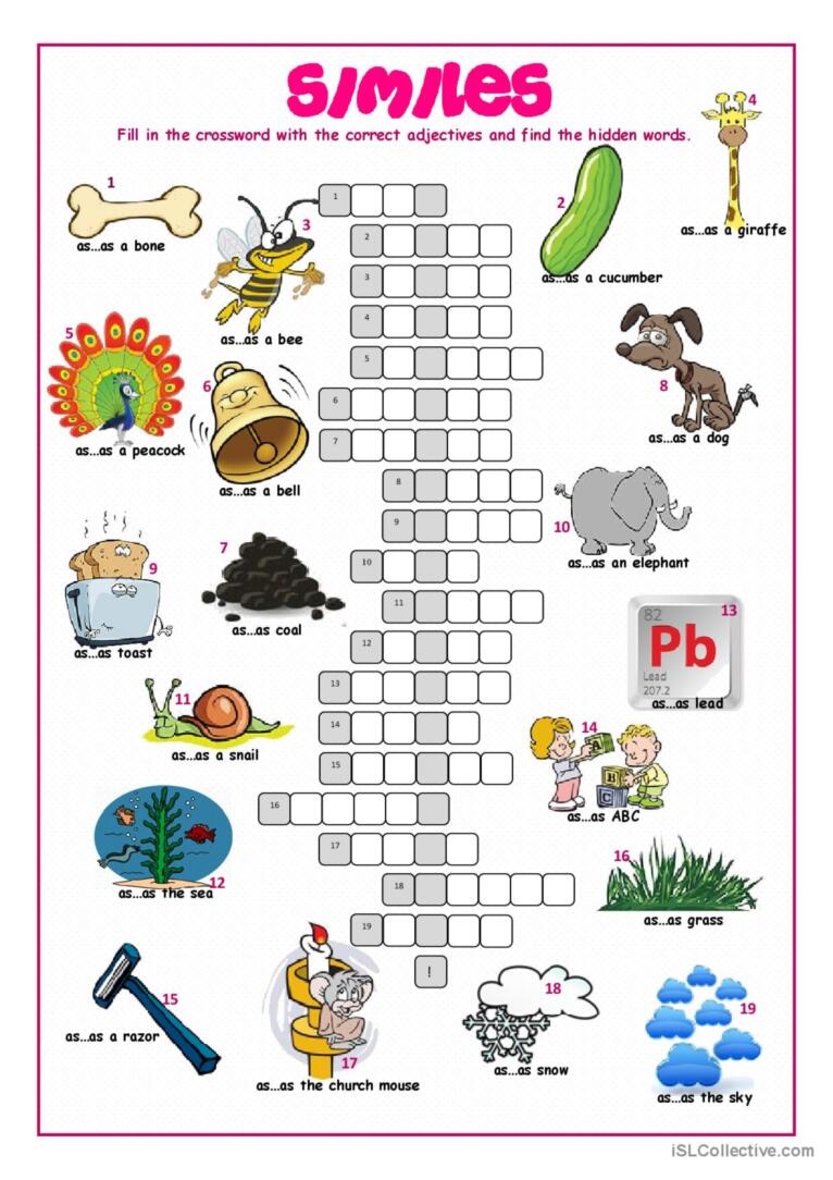 Simile Crossword Puzzle Crossword English ESL Worksheets Pdf Doc