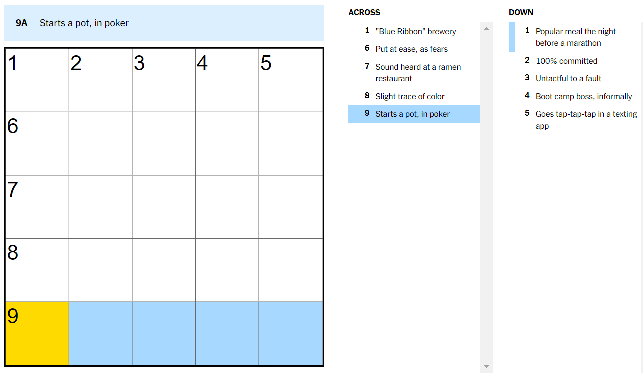 Starts A Pot In Poker NYT Crossword Clue Hints And Answers