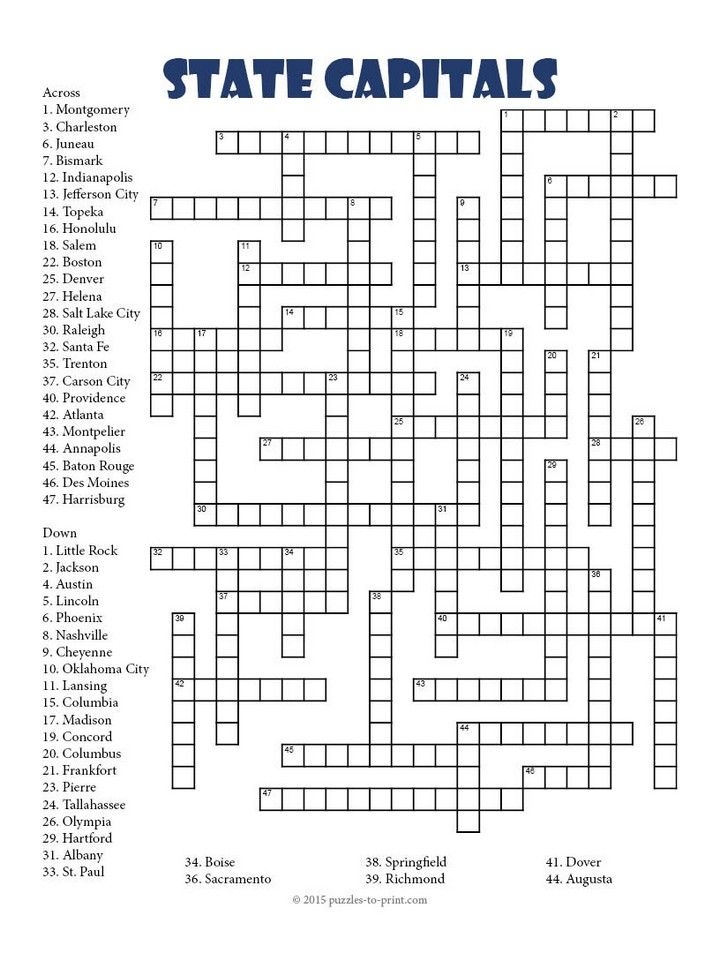 States And Capitals Crossword Puzzle