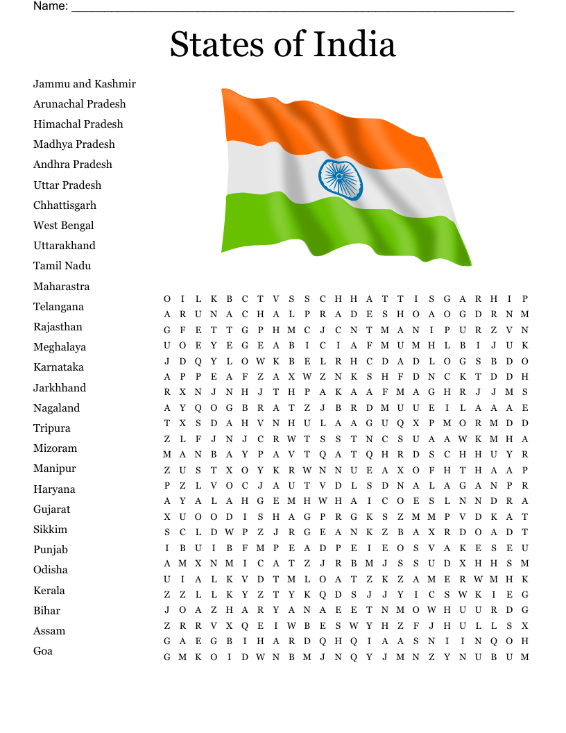 States Of India Word Search WordMint