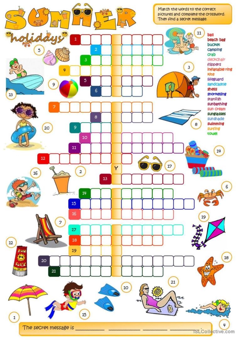 Summer Holidays CROSSWORD English ESL Worksheets Pdf Doc
