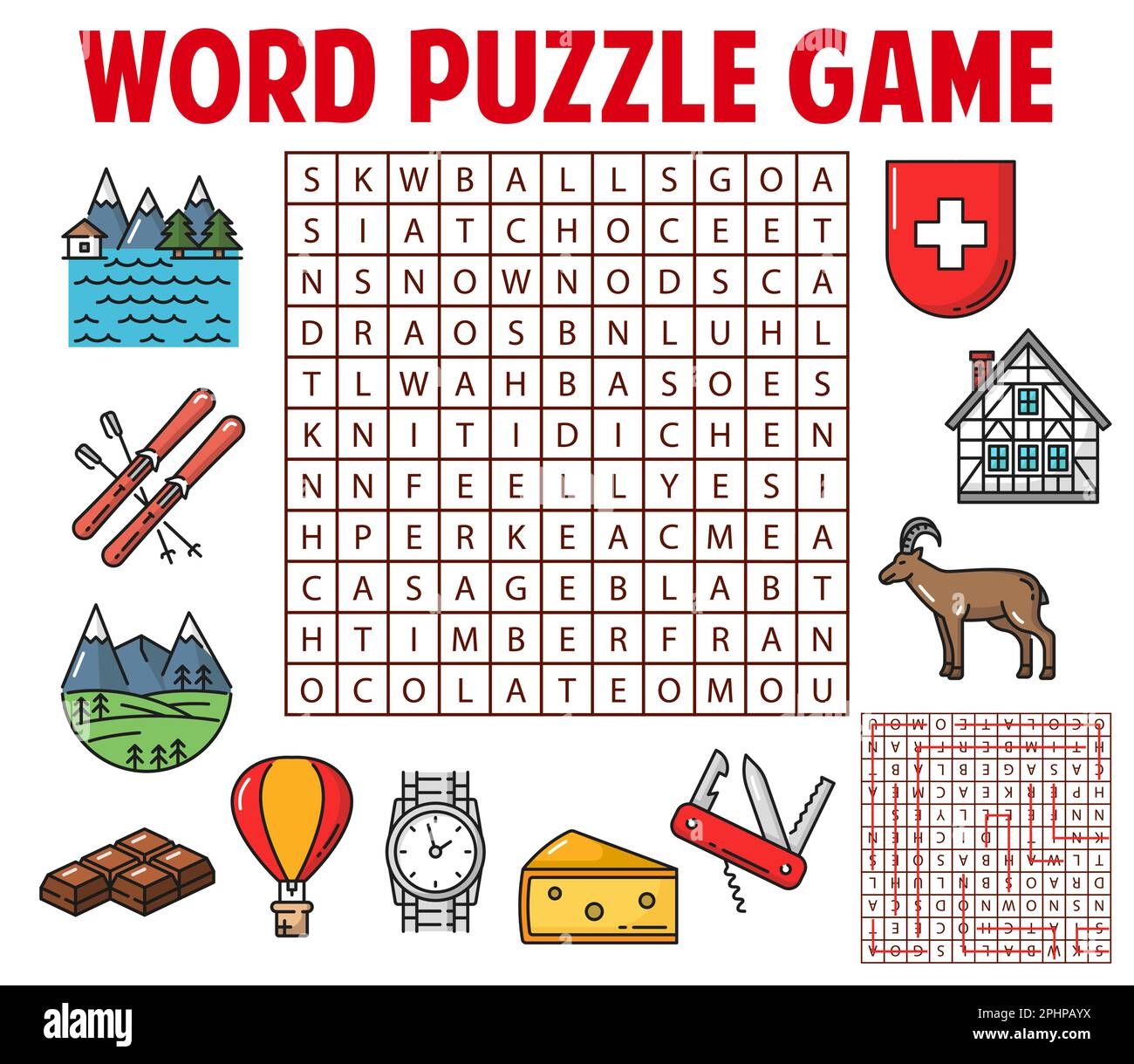 Switzerland And Swiss Items Word Search Puzzle Game Worksheet Kids 