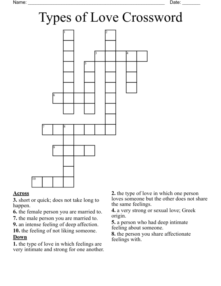 Types Of Love Crossword WordMint