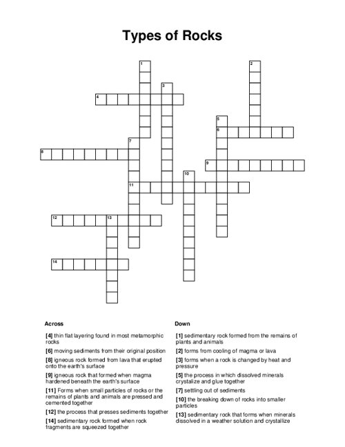 Types Of Rocks Crossword Puzzle