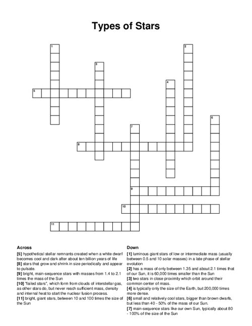 Types Of Stars Crossword Puzzle