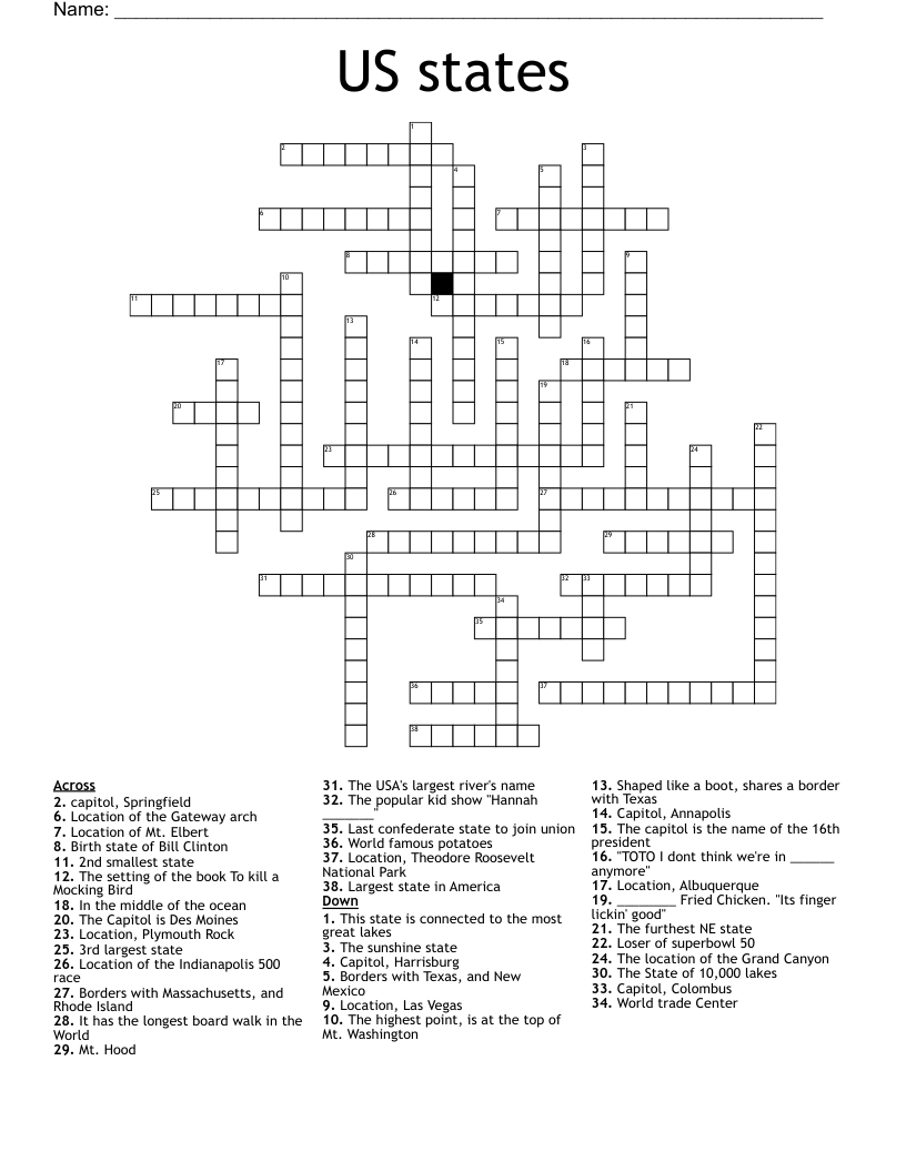 United States Crossword Printable