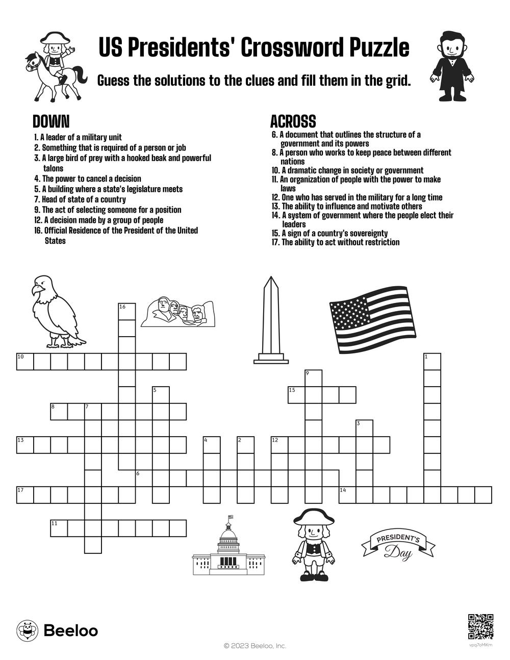US Presidents Crossword Puzzle Beeloo Printable Crafts And