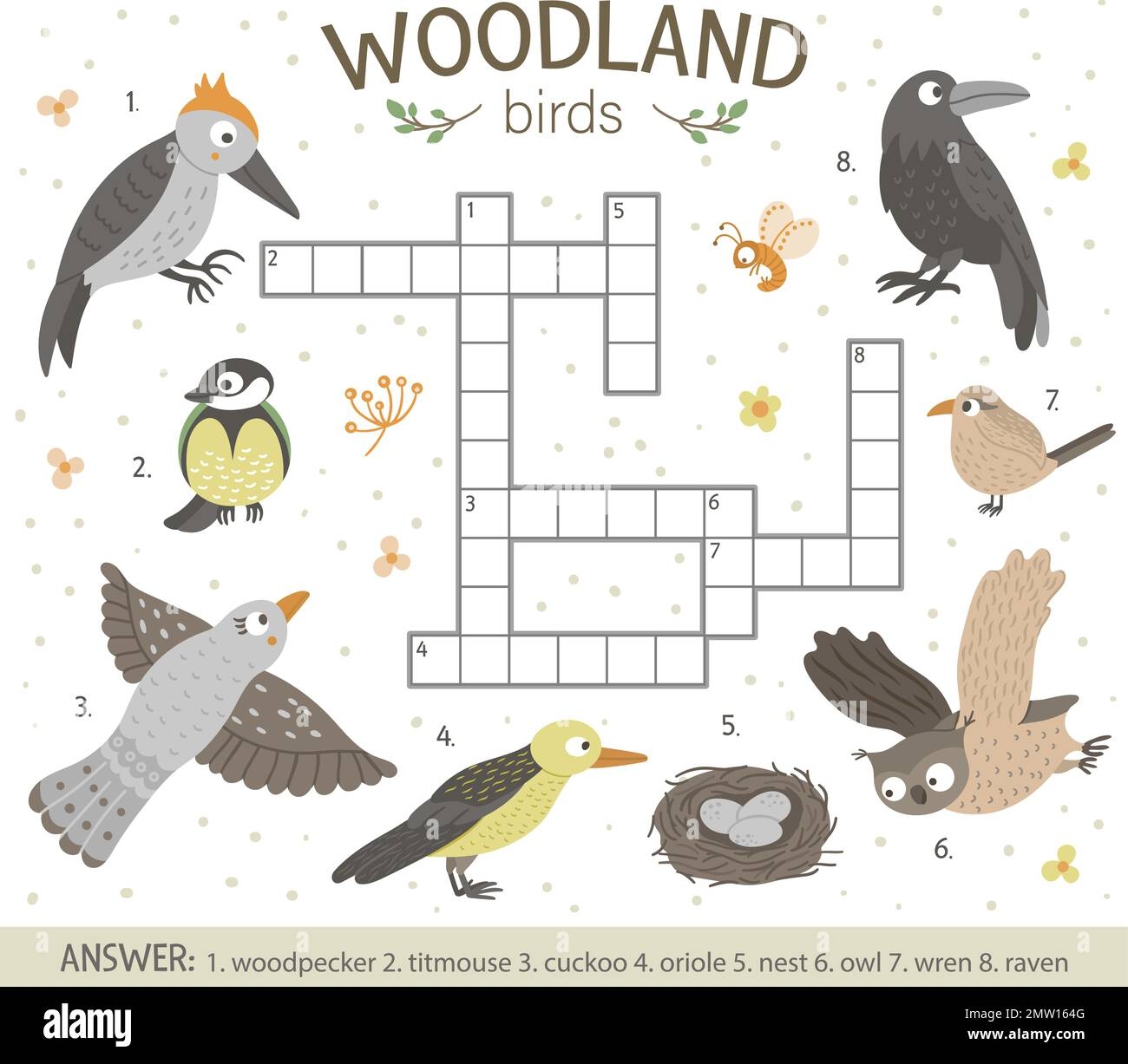 Vector Crossword Puzzle With Forest Birds Bright And Colorful Quiz For 